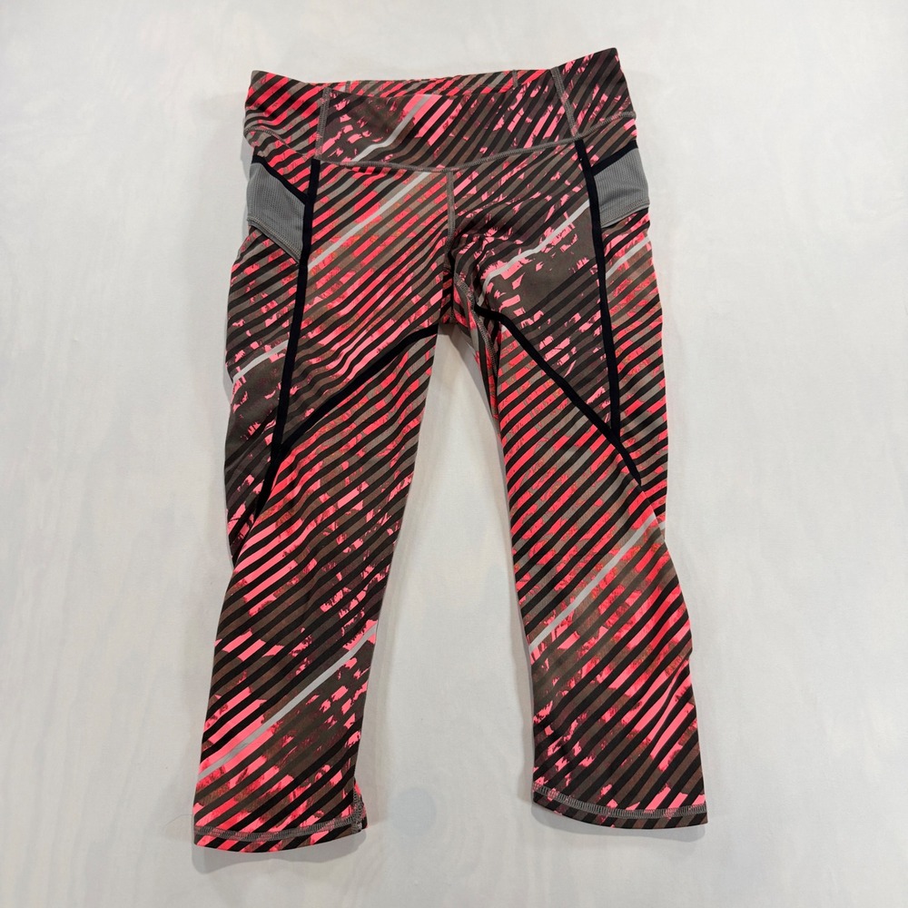 Athleta Be Free Knicker Women S Pink Grey Striped Mesh Pocket Running Leggings